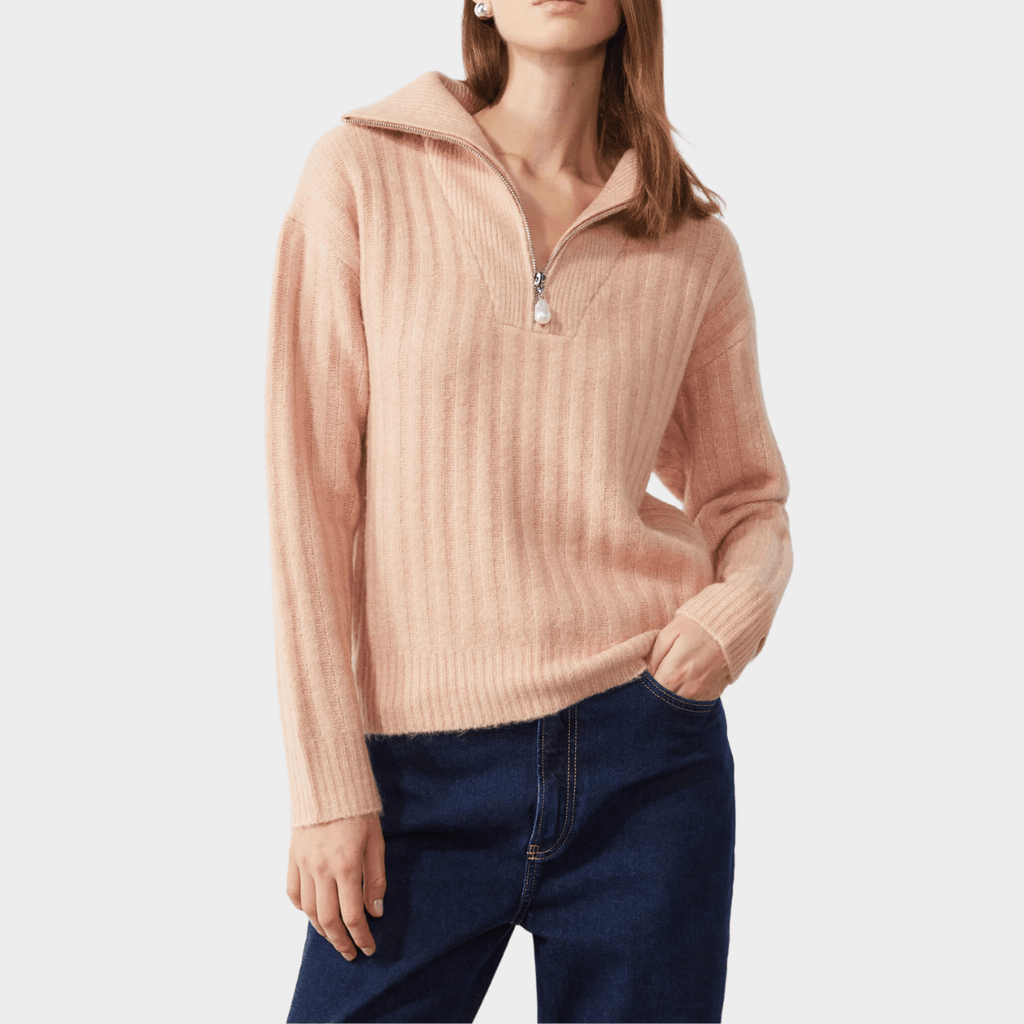 Gerippter Pullover mit Halber Reißverschluss - Lila